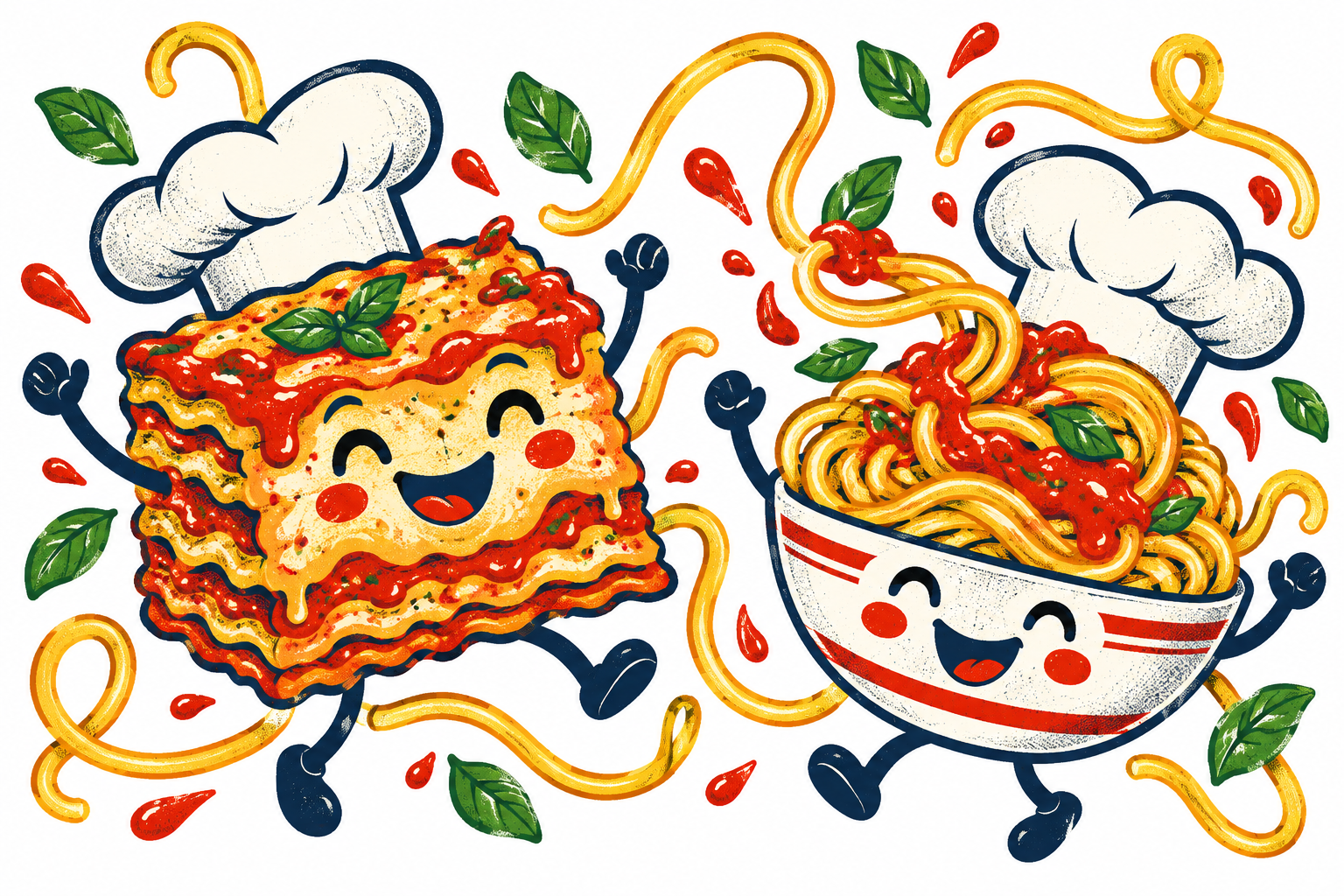 A smiling lasagna and bowl of spaghetti in chef hats, surrounded by flying pasta and basil.